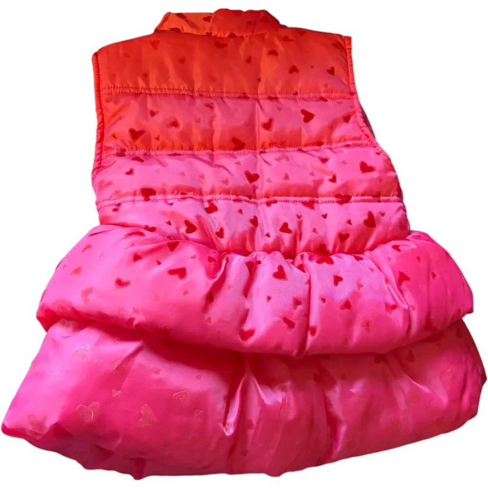 Little Lass girl's hot pink hearts bows ruffles full‎ zip puffer vest sz 5